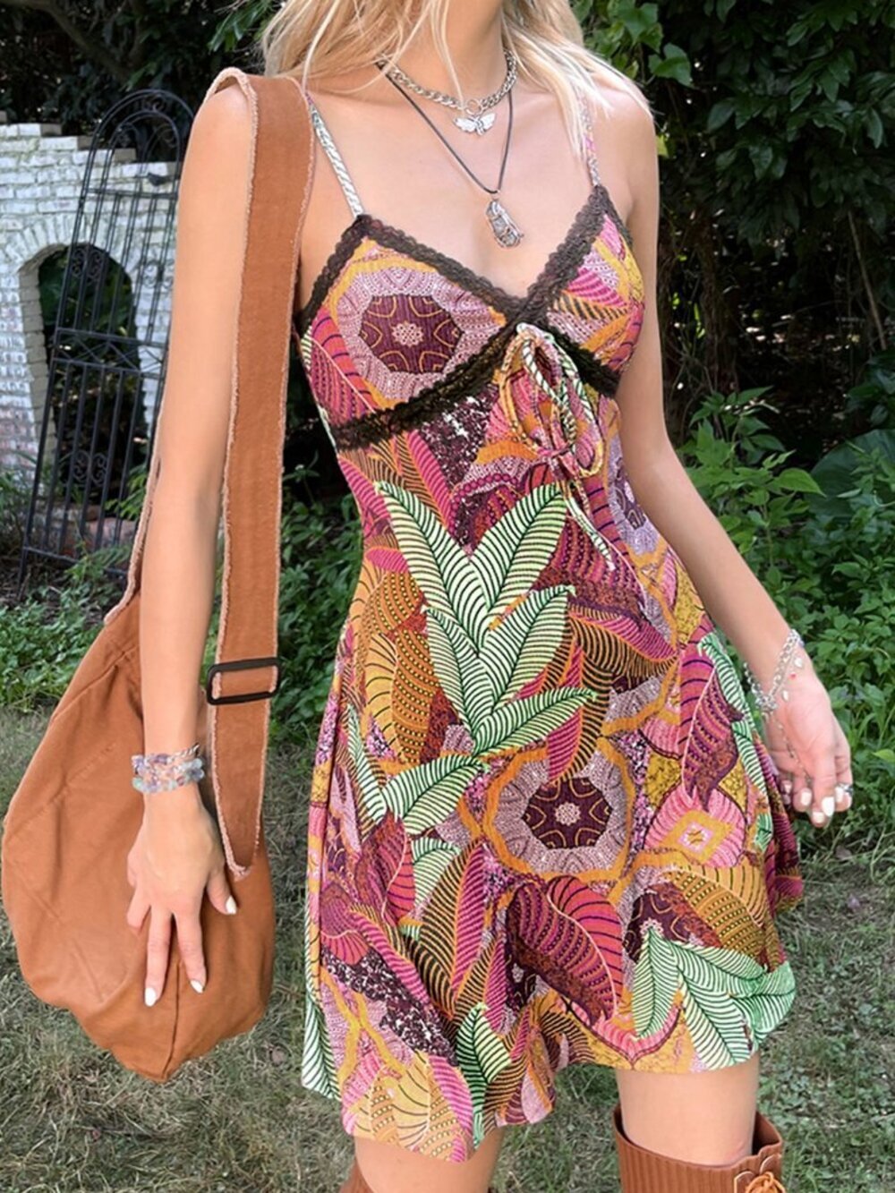 Multicolor Boho Women's Grunge Tropical Print Lace Knot Front Cami Dress